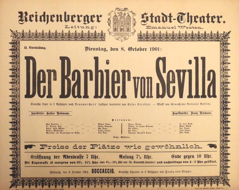 Abbildung 1: „Original-Theaterzettel: Der Barbier von Sevilla“ von Reichenberger Stadttheater