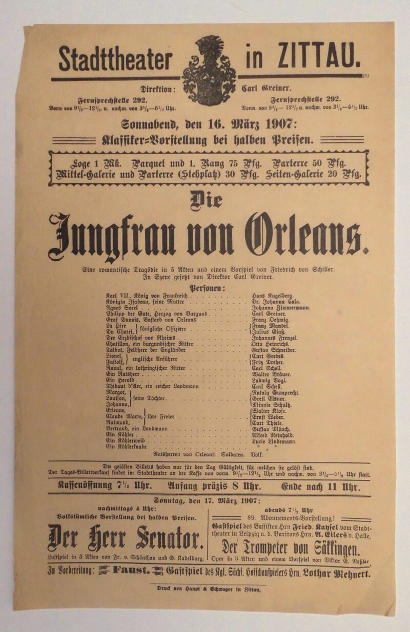 Abbildung 1: „Original-Theaterzettel: Die Jungfrau von Orleans“ von Stadttheater in Zittau