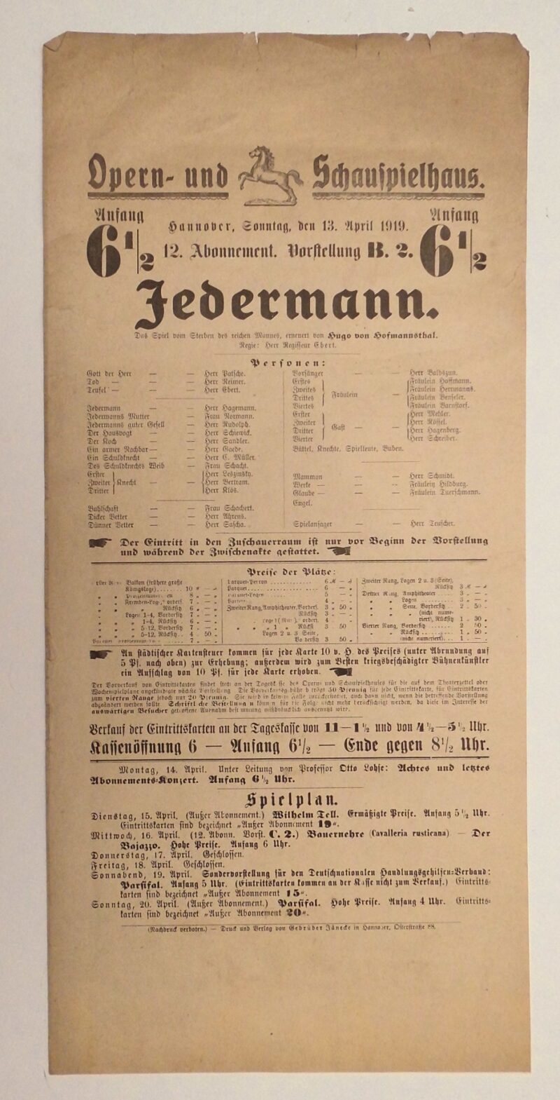 Abbildung 1: „Original-Theaterzettel: Jedermann“ von Opern- und Schauspielhaus Hannover