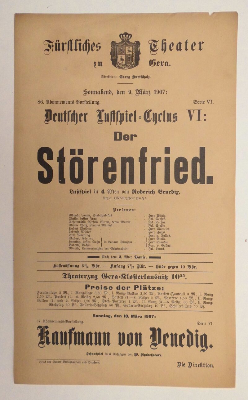Abbildung 1: „Original-Theaterzettel: Der Störenfried“ von Fürstliches Theater zu Gera