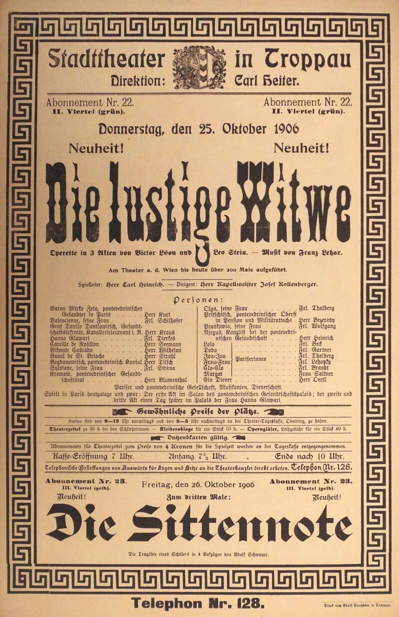 Abbildung 1: „Original-Theaterzettel: Die lustige Witwe“ von Stadttheater in Troppau