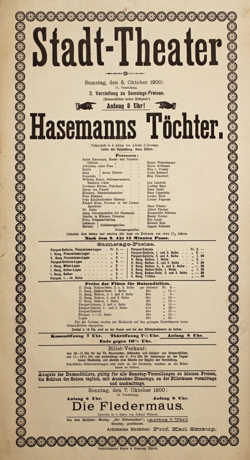 Abbildung 1: „Original-Theaterzettel: Hasemanns Töchter“ von Stadt-Theater Zürich
