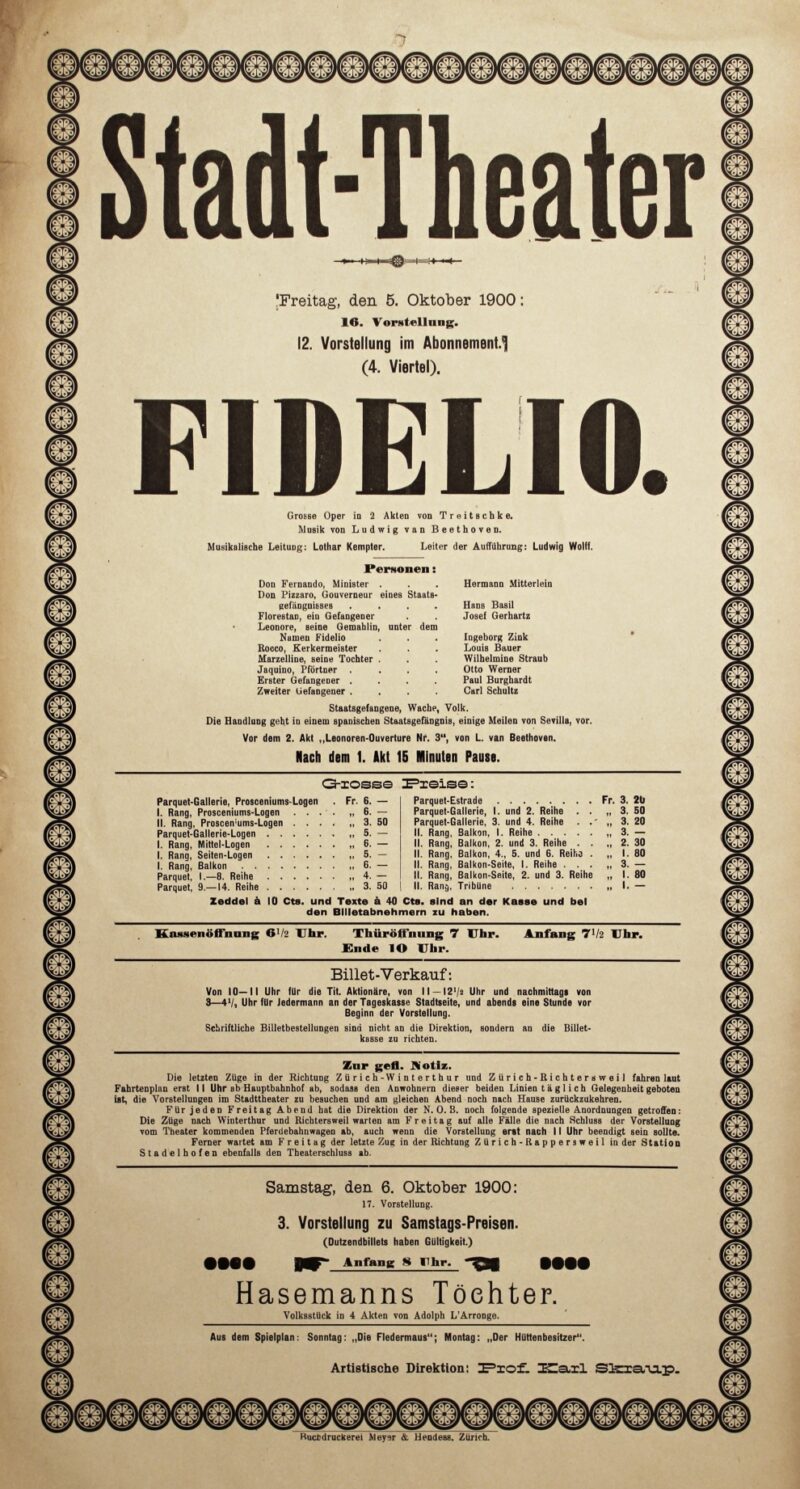 Abbildung 1: „Original-Theaterzettel: Fidelio“ von Stadt-Theater Zürich