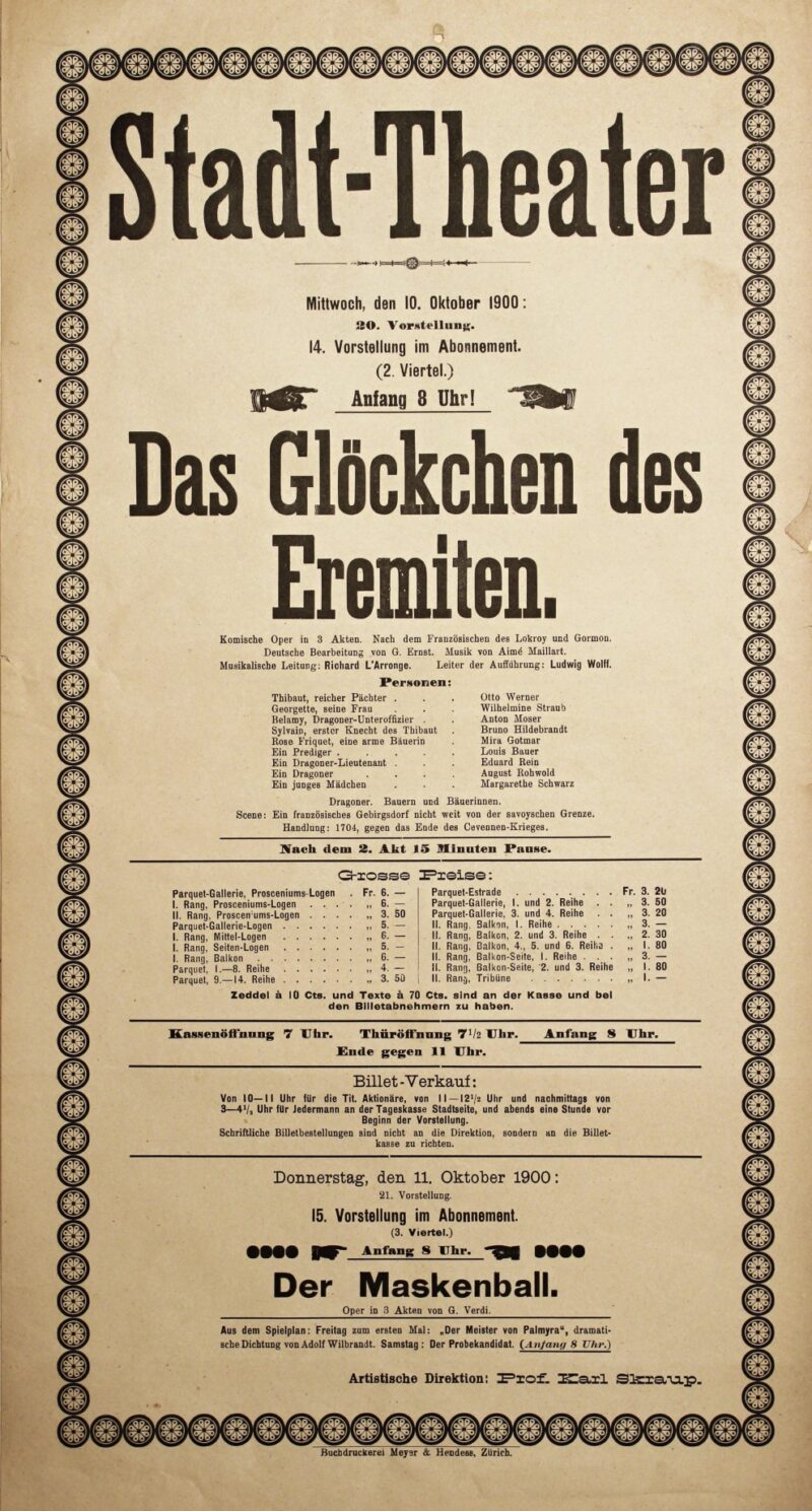 Abbildung 1: „Original-Theaterzettel: Das Glöckchen des Eremiten“ von Stadt-Theater Zürich