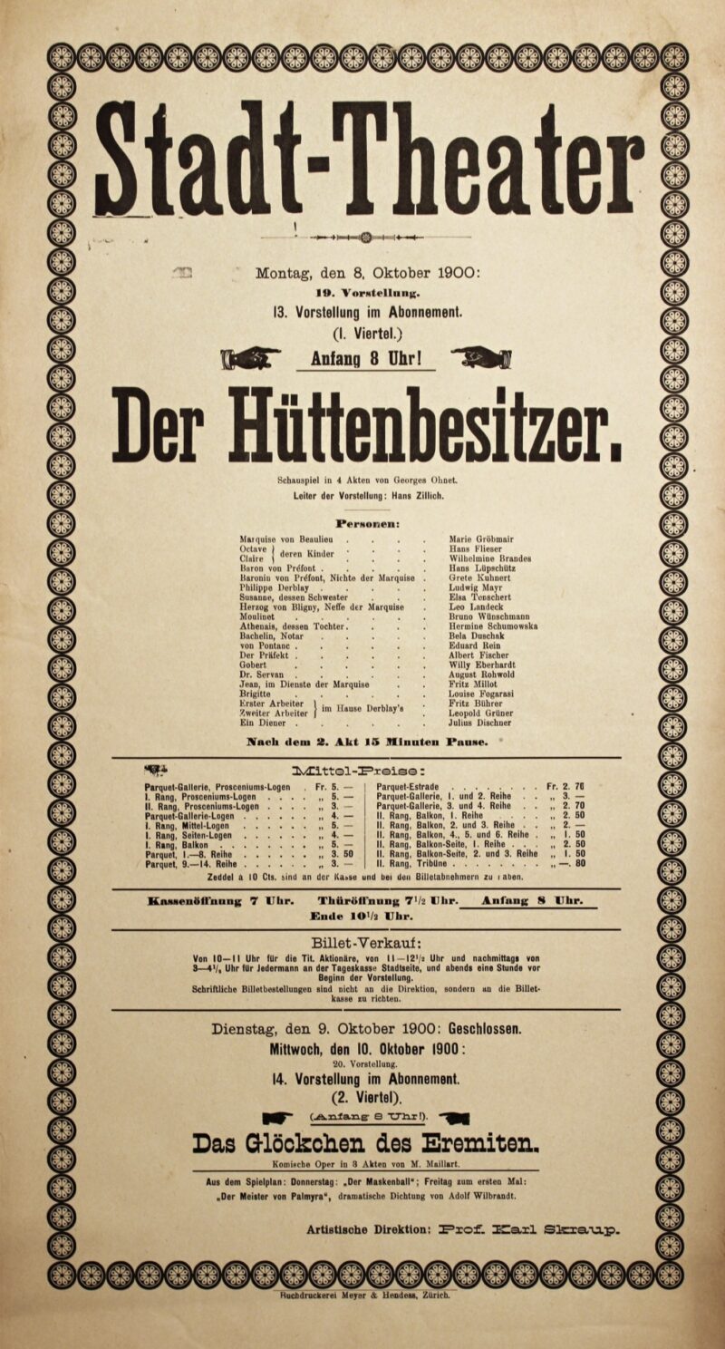 Abbildung 1: „Original-Theaterzettel: Der Hüttenbesitzer“ von Stadt-Theater Zürich
